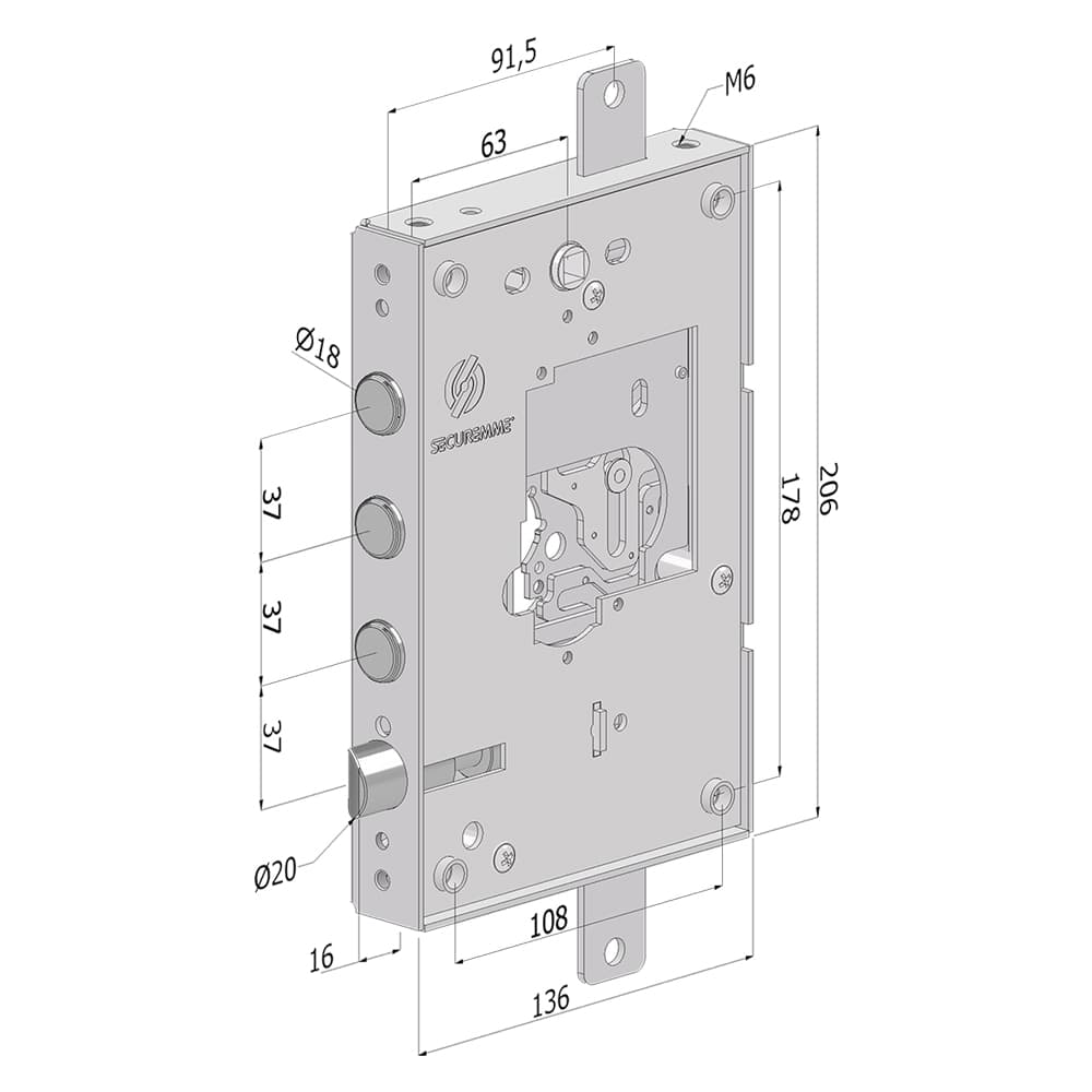SERRATURA DA APPLICARE TRIPLICE PER PORTE BLINDATE SENZA NUCLEO '250' interasse pistoni 28 mm - SX